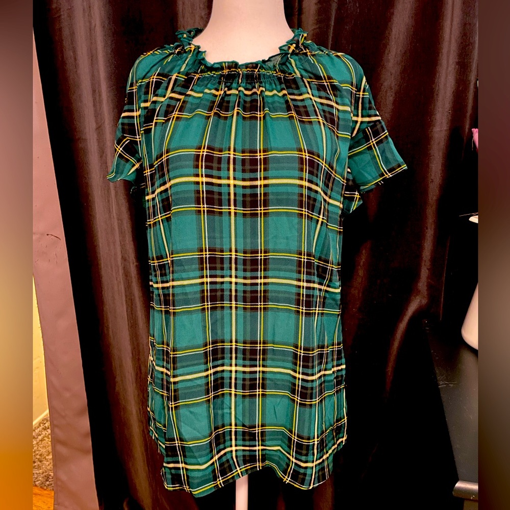 Express Green and Yellow Plaid Blouse